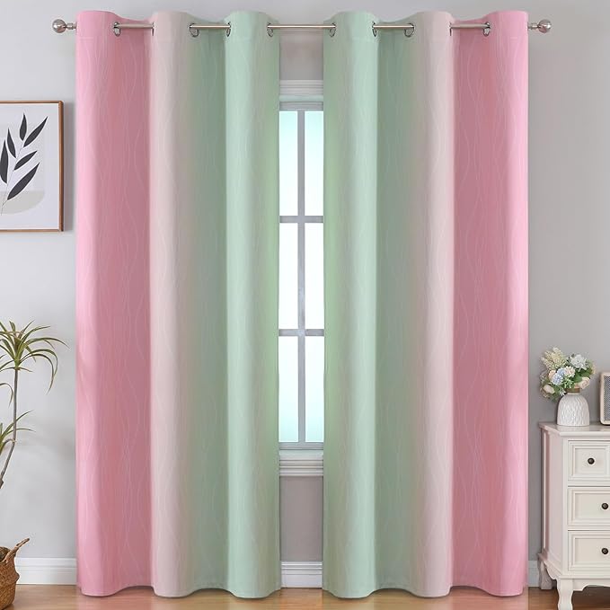 Estelar Textiler Sage Green and Pink Room Darkening Blackout Curtains 84 Inch Length 2 Panels Set for Living Room, Thermal Insulated Ombre Light Blocking Grommet Blackout Drapes for Bedroom, 42Wx84L
