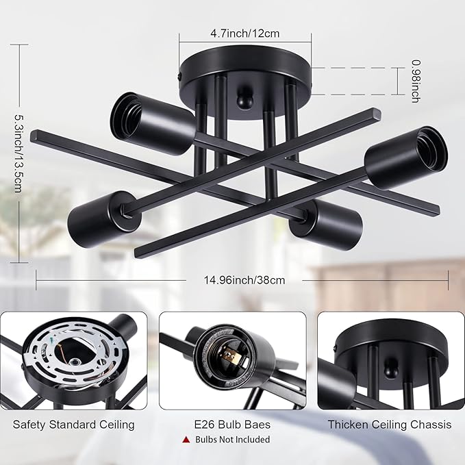 Sputnik Chandeliers, Modern Semi Flush Mount Ceiling Light with E26 Base, Mid Century Industrial Kitchen Farmhouse Light Fixtures for Bedroom Living Room (Black, Ceiling 4 Lights)