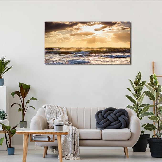 Sunset Ocean Canvas Wall Art - Ocean Waves Wall Decor Glow Sea Scene Picture Painting Nature Landscape Prints Sunset Over the Ocean Painting Artwork Living Room Bedroom Office Home 20" x 40"