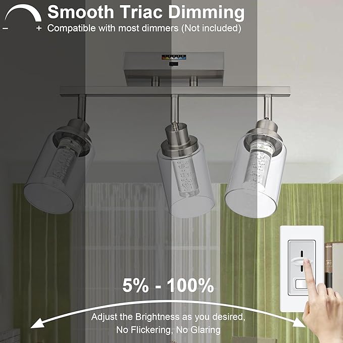 MELUCEE 3-Light LED Track Lighting Brushed Nickel Modern Ceiling Light Bathroom Wall Light with Flexibly Pivoting Heads, Built-in LED Chips, 5-Color Temperature Adjustable