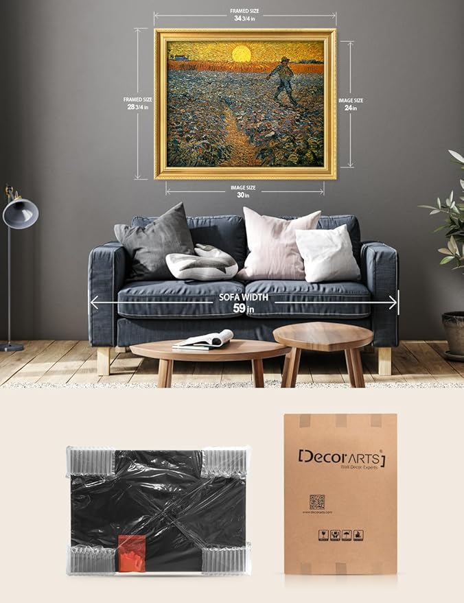 DECORARTS - Vincent van Gogh's The Sower. Museum-Quality Giclee Print on Cotton Canvas, Gold Solid Wood Frame, Framed Size: 34.75x28.75 in, Made in USA