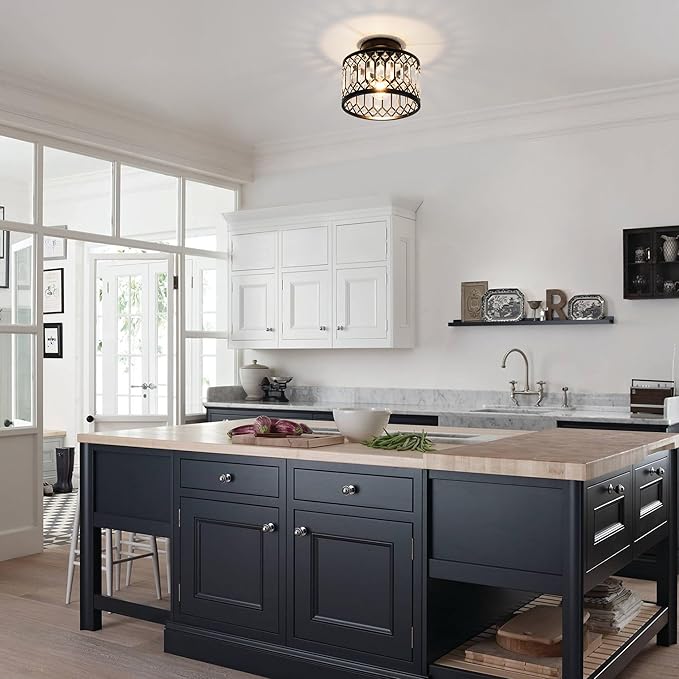 Crystal Ceiling Light Fixture, Modern Semi Flush Mount Ceiling Light,Crystal Chandelier for Kitchen Bedroom Bathroom Entryway Black (Bulb not Included)