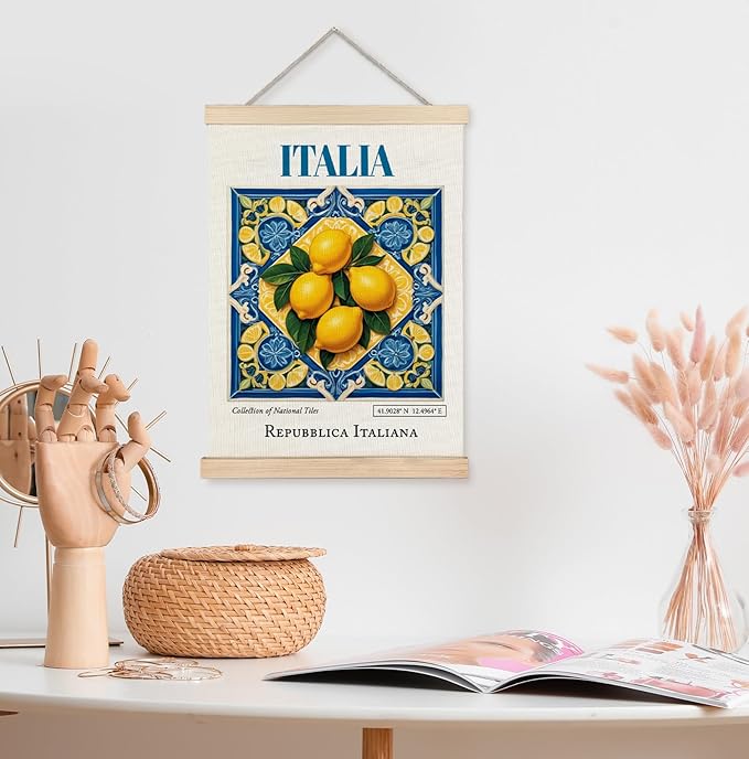 Yomisex Italia Tile Lemon Wall Art Poster, Traditional Republica Italiana Ceramic Tiles Lemons Aesthetic Canvas Prints Wall Art Framed for Home Kitchen Dining Room Decor, 12x16 Inch
