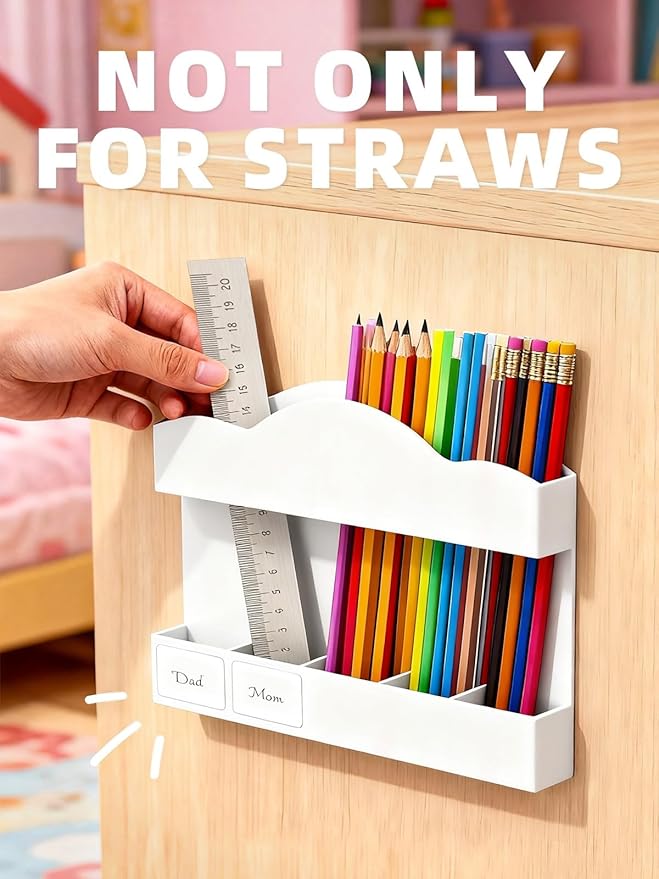 9.8" Acrylic Straw Holder for Cabinet Door - 5-Compartment Organizer with Ultra-Sticky Adhesive, Storage for Reusable Straws and Brushes, Kitchen & RV Essensials