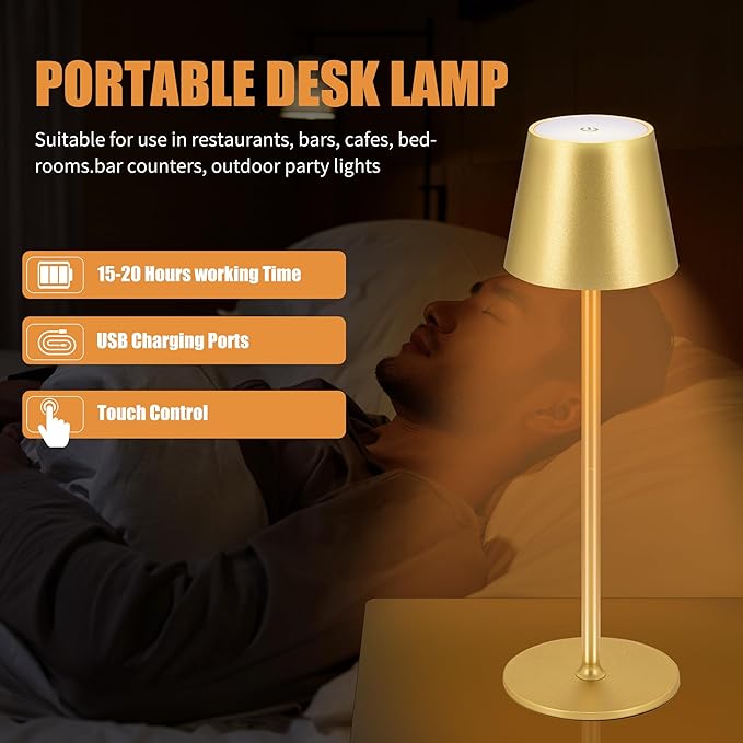 Cordless Table Lamps USB Rechargeable Simplicity Desk Lamp Built-in 4600 mAh Battery LED Battery Operated lamp with Touch Control Table lamp - Bedroom/Desk/Reading/Patio(2Pcs-Gold)