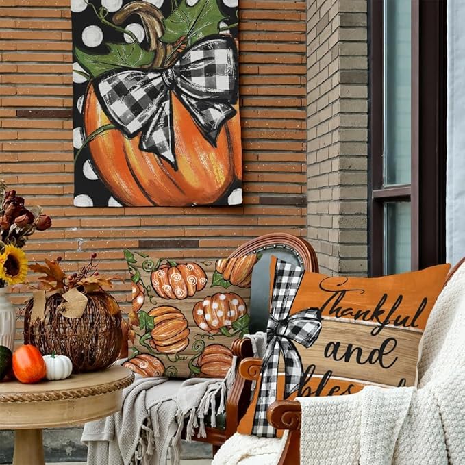 GEEORY Fall Pillow Covers 18x18 Inch Set of 4, Pumpkin Thankful and Blessed Striped Fall Pillows Decorative Throw Pillow Autumn Farmhouse Cushion Cases for Home Decoration