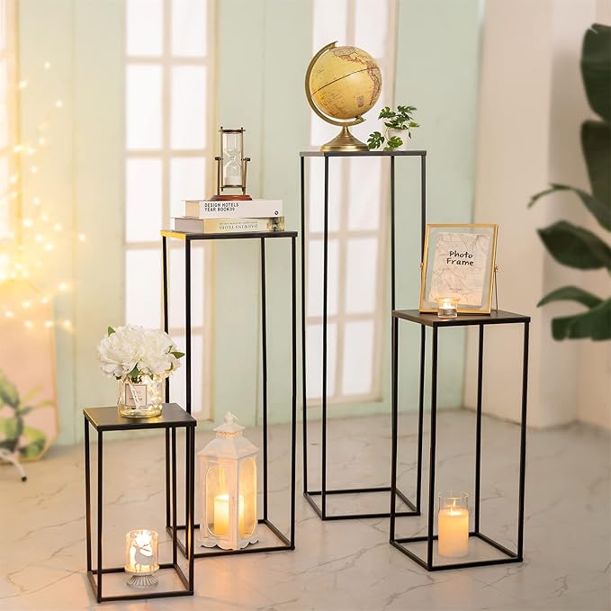 Sziqiqi Wedding Centerpieces Vase for Tables with Plates - 2 Pcs Metal Column Geometric Flower Stand 23.6in Black Flower Display Rack Decorations for T-Stage Reception Party Fiesta Event Home