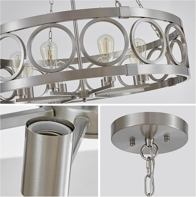 XINGQI Large Drum Chandelier 32.3" Modern Brushed Nickel 8-Light Round Chandeliers for Dining Room Living Room Office Kitchen Island Rustic Pendant Lighting Fixture Over Table