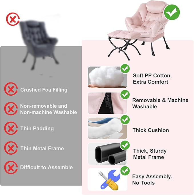 Lazy Chair with Ottoman, Modern Chair with Folding Footrest, Lounge Accent Chair, Comfortable Reading Chair, Oversized Armchairs for Bedroom, Study, Living Room, Courtyard (Pink)