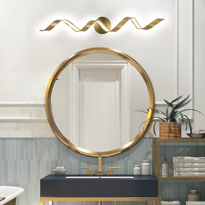 Dimmable Modern LED Bathroom Vanity Light 32 inch, 20W Spiral Design Gold Wall Light Fixtures for Bathroom, Living Room and Hallway, 6000K White Light