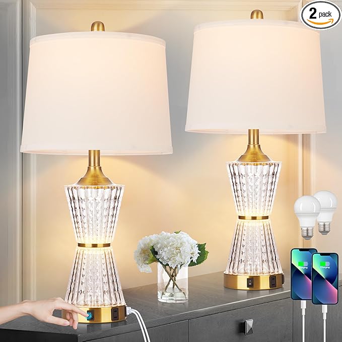 26" Modern Table Lamps, Gold Set of 2 Table Lamps Night Light with 2 USB Charging Ports & AC Outlet, Bedside Nightstand Lamp White Shade for Living Room Bedroom Home Decor(2 LED Bulbs Included)