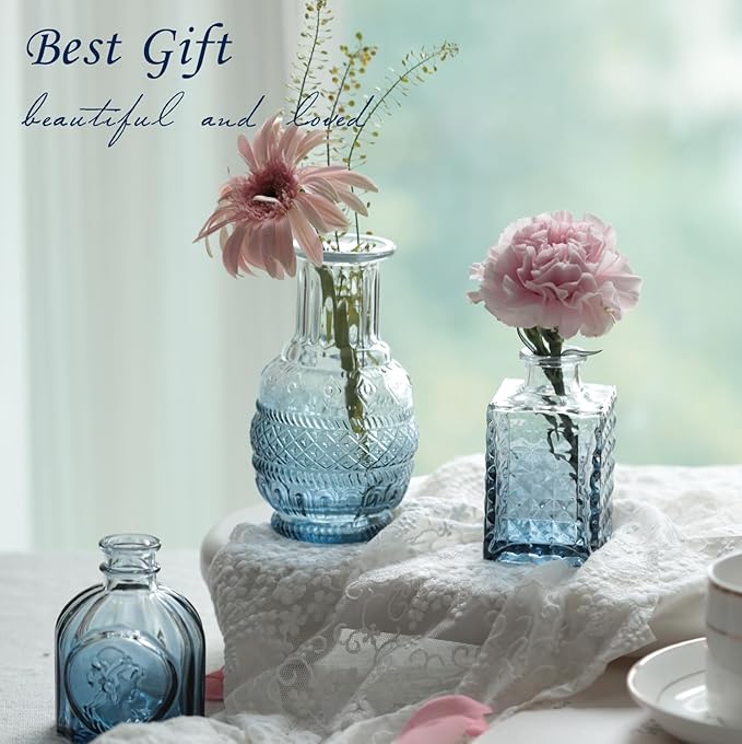 Bud Vases Set of 12,Glass Bud Vases in Bulk,Small Flower Vases for Centerpieces,Mini Vintage Vase for Wedding, Home Table Decor,Christmas,Party Decoration,Blue