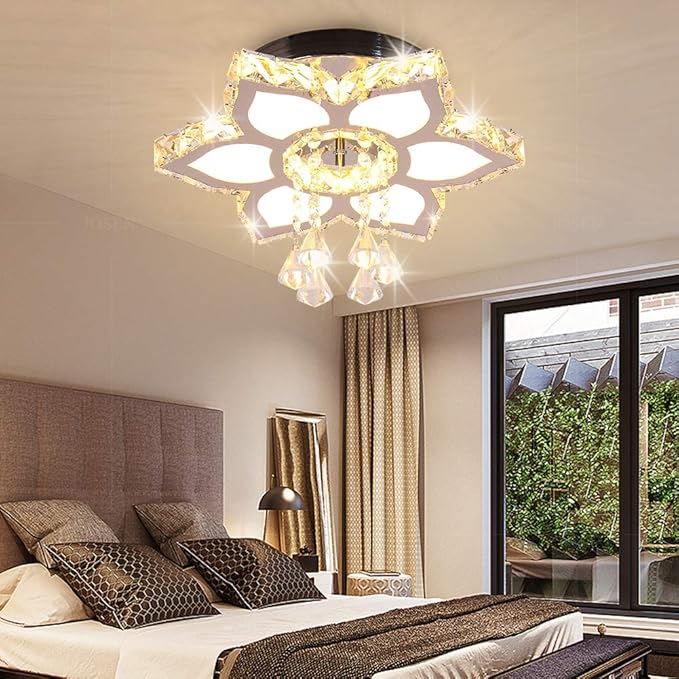 FRIXCHUR Chandelier LED Crystal Ceiling Light 13.4" Flower Shape Chandeliers Flush Mount Ceiling Light Modern Chandelier Lighting for Hallway Bedroom Dining Room Kitchen (Warm White)