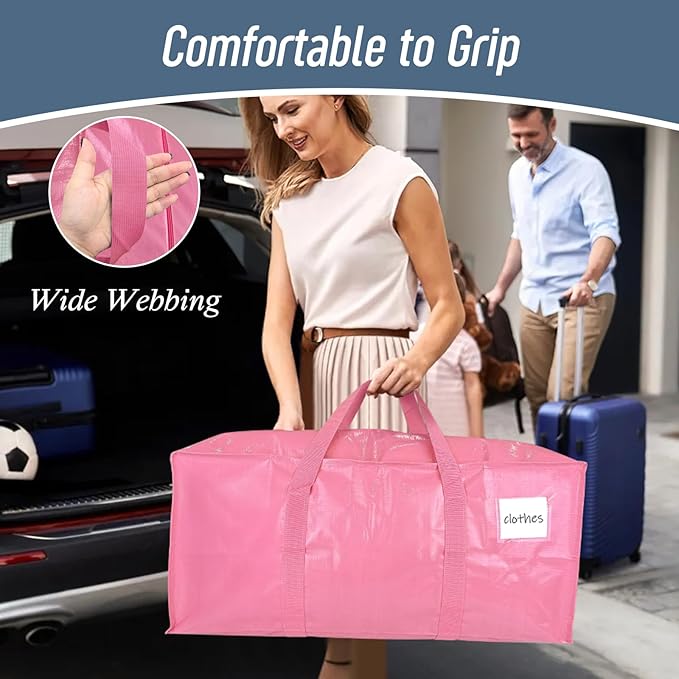 12 Pack Extra Heavy Duty Large Moving Bags with Strong Zipper & Comfortable Handles, Sturdy & Durable Clothes Storage Bags Totes Bins, Packing Moving Boxes for College Supplies, Pink
