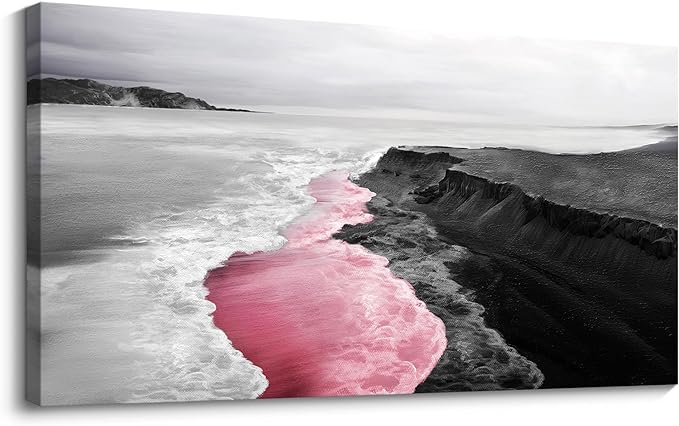 YCPRIMER Pink Canvas Wall Beach Black and White Picture for Living Room Largre Artwork for Wall Coastal Ocean Seascape Painting bedroom Decor Above Bed 24×48IN