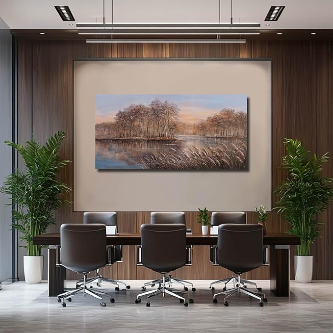 Fall Wall Art Forest Painting Lake Landscape Wall Decor for Living Room Office Contemporary Artwork 24x48 Inch Blue and Gold Posters