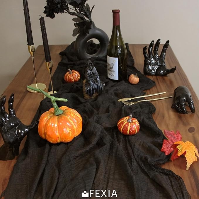 FEXIA 3 Pack Black Cheesecloth Table Runner 30x118 Inches Rustic Boho Gauze for Wedding Baby Shower Bridal Shower First Communion and Home Decorations