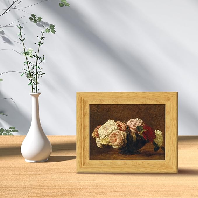 Brivoria Framed Canvas Wall Art Vintage Decor, Antique Floral Still Life Artwork with White Pink and Red Roses and Rustic Autumn Background for Desk Shelf Bedroom Office or Bathroom Display, 8"x10"