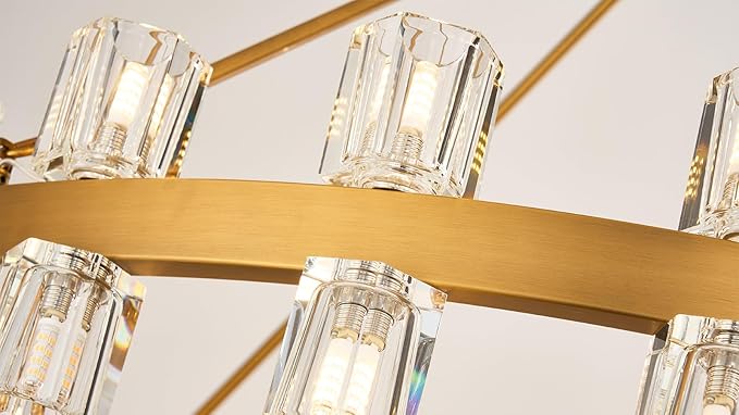 48 Inch Gold Wagon Wheel Chandelier with Crystal Shade, 2 Tier 80 Lights, Modern Farmhouse Style, Ideal for Dining Room, Kitchen, Entryways