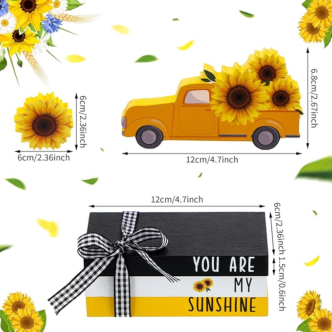Yookeer 5 Pieces Farmhouse Tiered Tray Decor Items Rustic Wooden Mini Truck Bundle Books Stack Sign for Summer Spring Home Harvest Table Shelf Decorations(Sunflower Style)