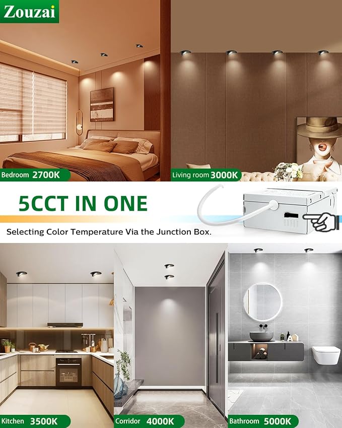 zouzai 12 Pack 4 inch Black 5CCT LED Gimbal Led Recessed Light with Junction Box,360ยฐ+ 90ยฐ Adjustable Directional Eyeball Lighting, Dimmable, 2700K/3000K/3500K/4000K/5000K,10W=85W-ETL&Energy Star