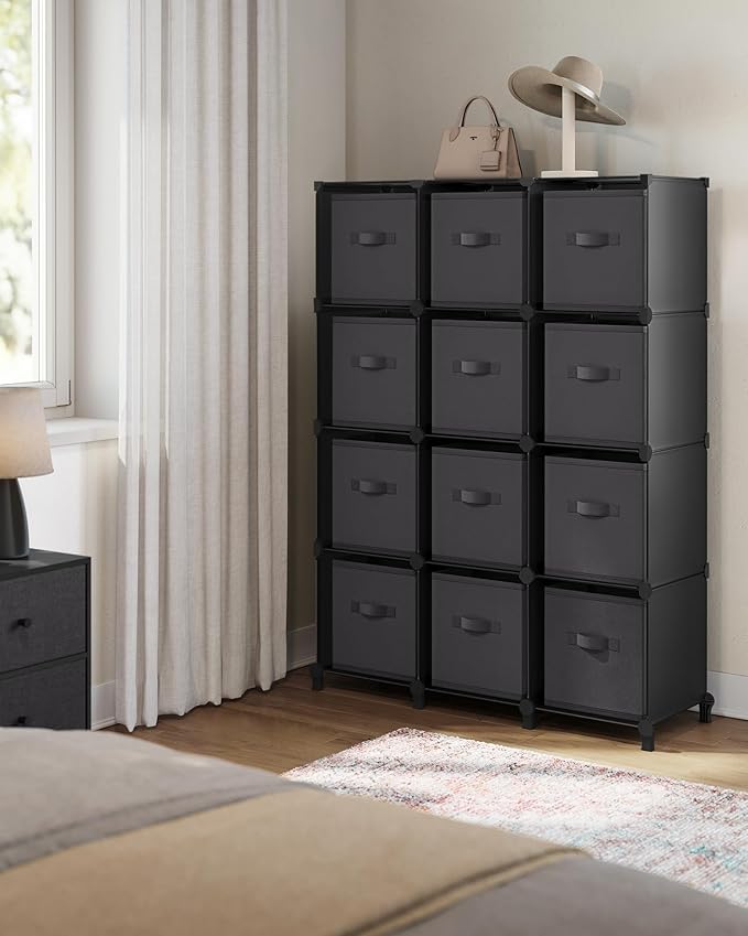SONGMICS Cube Storage Organizer with Storage Boxes, Set of 12-Cube Organizer, 12 Collapsible Non-Woven Fabric Bins, Customizable, Space-Saving, Bedroom, Ink Black and Dove Gray ULPC122B01