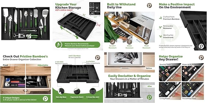 Silverware Organizer - Expandable Kitchen Drawer Organizer - Adjustable Kitchen Drawer Organizer for Utensils, Expandable to 25 Inches Wide, 10 Slots - Black