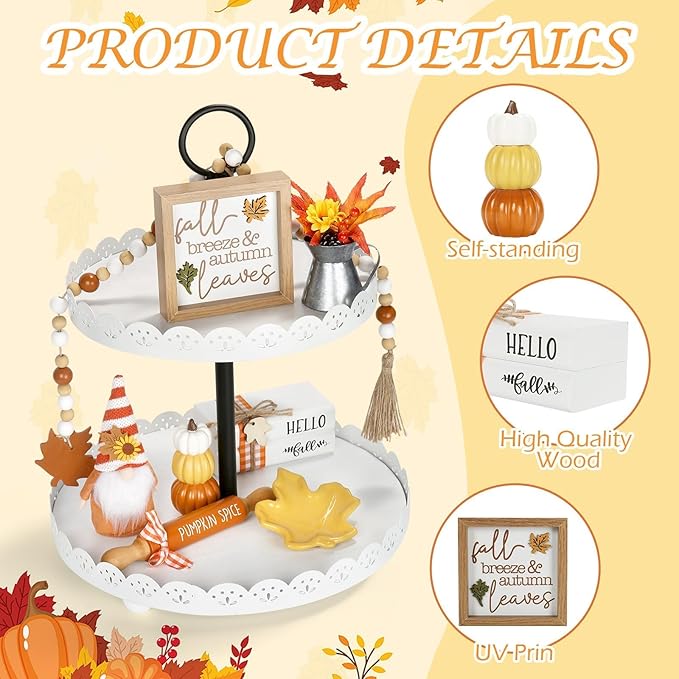 Fall Decorations for Home 8PCS Tiered Tray Decor Set, Tabletop Fall Decor for Tray Shelf Mantel Fire Place Office Desk Kitchen Thanksgiving Autumn Table Centerpieces Pumpkin Farmhouse Wood Sign