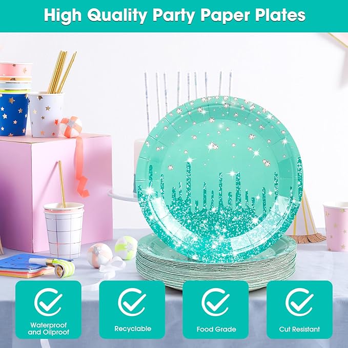 50PCS Green Glitter Paper Plates 7inch Sage Green Diamond Birthday Dessert Plate for Cake Salad Pizza Disposable plates Supplies for Girls Women Mermaid Anniversary Birthday Wedding Theme Party