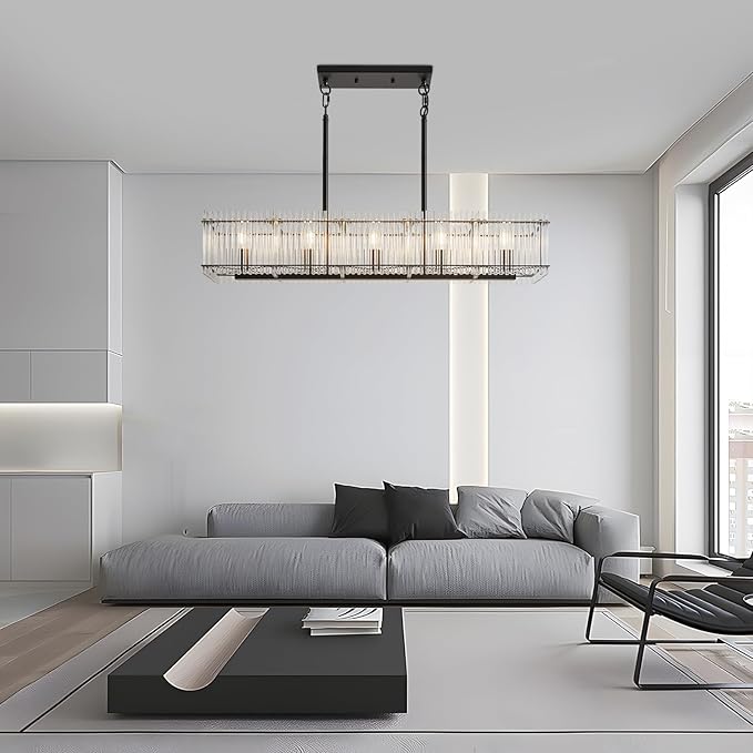 5-Light Modern Crystal Chandelier Luxury Black Dining Room Light Fixture Over Table Rectangle Farmhouse Hanging Pendant Lighting for Living Room, Kitchen Island Ceiling Lights