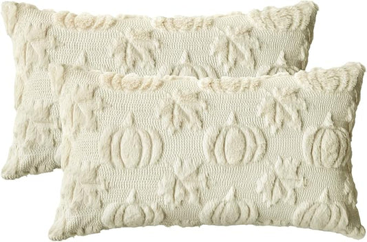 AVOIN colorlife Fall Pumpkin Maple Leaves Beige Throw Pillow Covers, 12 x 20 Inch Seasonal Autumn Thanksgiving Harvest Soft Plush Faux Fur Jacquard Cushion Case Decoration for Sofa Couch Set of 2