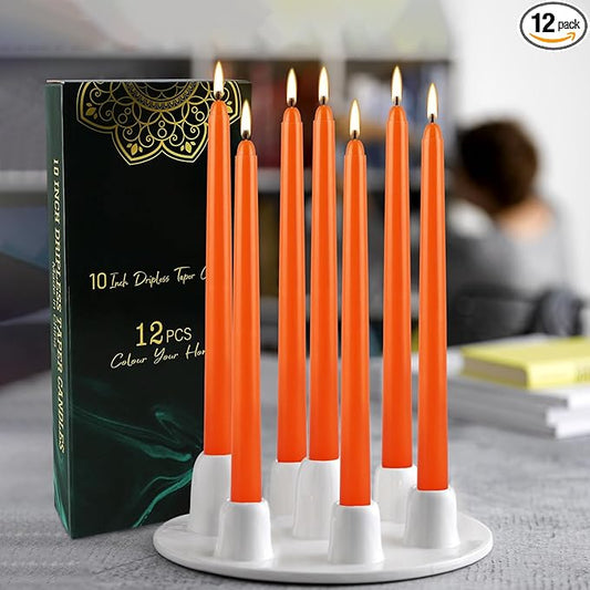 10 Inch Orange Slender Taper Candles Set - 12 Pcs Dripless, Smokeless with Cotton Wick, Ideal for Halloween,Thanksgiving,Dinner, Weddings & Home Decor.