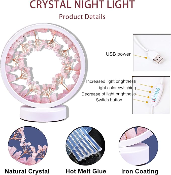 Runyangshi Crystal Night Lamp Natural Rose Quartz Crystals Small Tree Bedside Ambient Lamp USB Port 3 Colours Adjustable Lamp Suitable Night Light for Living Room Bedroom Office Home Decor Gift