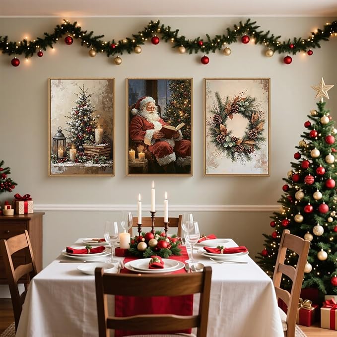 HOURIA Vintage Christmas Framed Canvas Wall Art Set,Santa Claus Reading Book Decor, Wreath Pinecone Berries Artwork,Cozy Night Tree Candle Lantern Prints for Living Room,Xmas 24"x36"x3