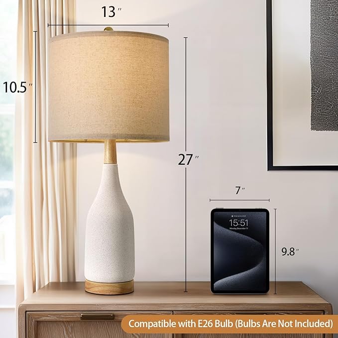PORTRES 27" Ceramic Table Lamps for Bedroom Living Room Vintage Lamp Set of 2 Bedside Nightstand Lamp Large Farmhouse Rustic Boho Retro Modern Table Lamp Light Home Office Desk Deco Gifts, White