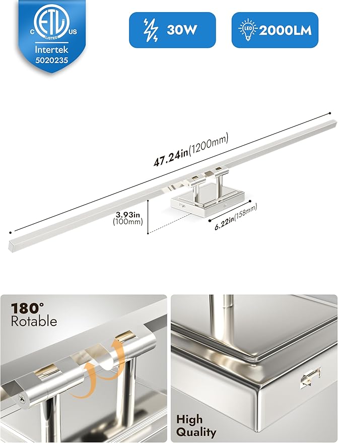 NIORSUN 48 Inch Modern Bathroom Light Fixture, 30W 5CCT Dimmable LED Chrome Bathroom Vanity Lights Over Mirror, Vanity Lights for Bathrooms Restroom Mirror- ETL Certified