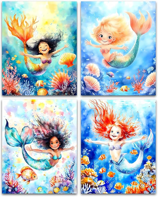 LNLAGBO Mermaid Wall Art Bathroom Decor,Mermaid Wall Art Print Girl Room Decor,Ocean Animals Bathroom Wall Decor for Kids Bedroom Nursery Set of 4(8"x10"Unframed)