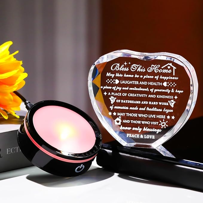 YWHL House Warming Gifts New Home Housewarming Gifts for Women Men Crystal Heart Keepsake with LED Base Home Warming Gift Couple Presents House Blessing Warming Gift New Apartment