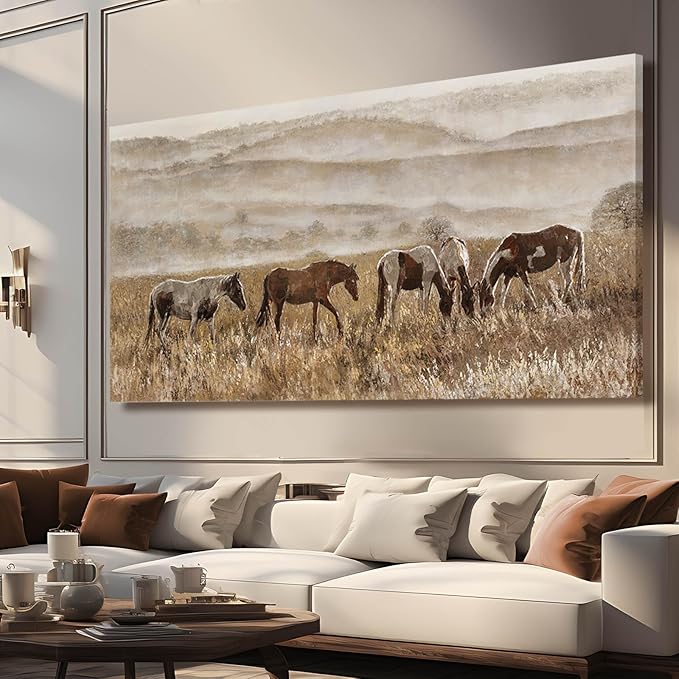 VAYIMDH Horse Canvas Wall Art Nature Wall Prints Gold Wall Pictures 29"x58" Large Artwork for Living Room Kitchen Artwork for Wall