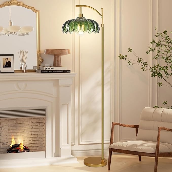 Gold Floor Lamps for Living Room,Glass Floor Lamp with Remote Control & Green Lampshade,Arc Flower Floor Lamp Dimmable Mid Century Modern Standing Lamp Vintage Brass Tall Lamp For Bedroom Corner