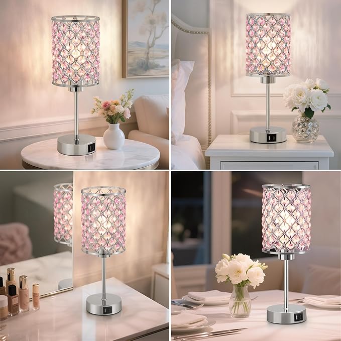 Pink Crystal Table Lamp, Touch Control Bedside Lamps with USB-C+A Charging Ports, 3-Way Dimmable Nightstand Small Desk Lamp Set of 2 for Girl Bedroom, Living Room, Office(Buld Included)