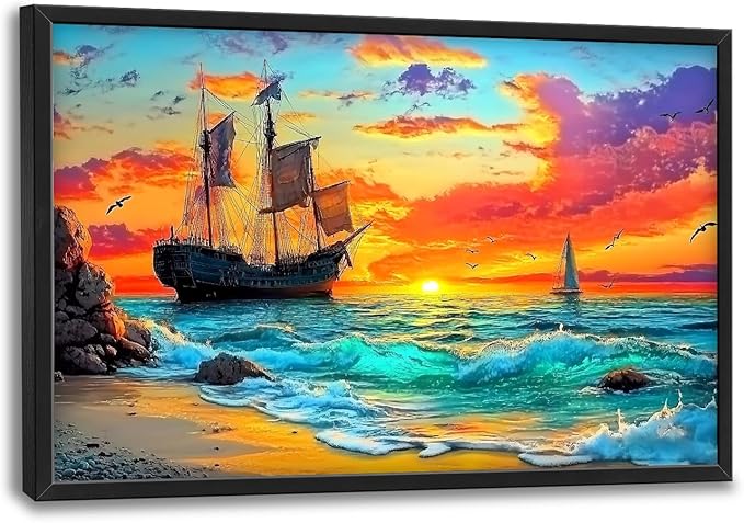 Framed Large Ship Wall Art for Living Room, Oversized Coastal Beach Boat Wall Decor Nautical Seascape Sailboat Canvas Painting Modern Artwork Home Decoration for Living Room Bedroom 36"x24"