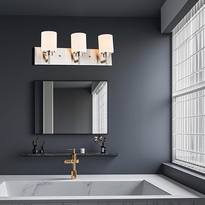Bathroom Light Fixture, Brushed Nickel | 24 Inch 3 Lights, White Glass Shade, Farmhouse Style - Vanity Lights for Bathroom, Living Room, Bedroom