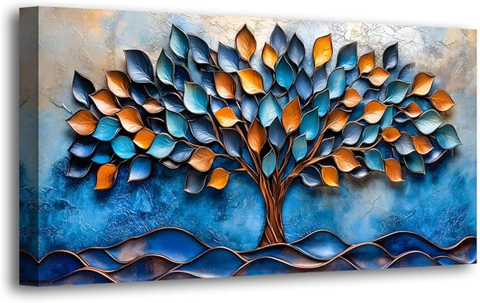 Tree of Life Pictures Canvas Wall Art for Living room Office Bedroom Wall Decor,Blue Leaf Wall Art Print Paintings Modern Autumn Blue Golden Scenery Artwork Waterproof Ready to Hang-20x40inch