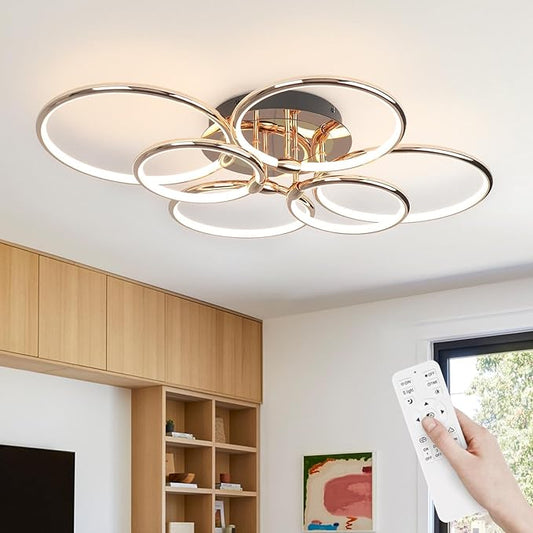 Modern Ceiling Lights, 6 Rings Dimmable Gold LED Ceiling Light Fixtures with Remote Control, 56W Close to Ceiling Lighting for Living Room, Bedroom, Dining Room