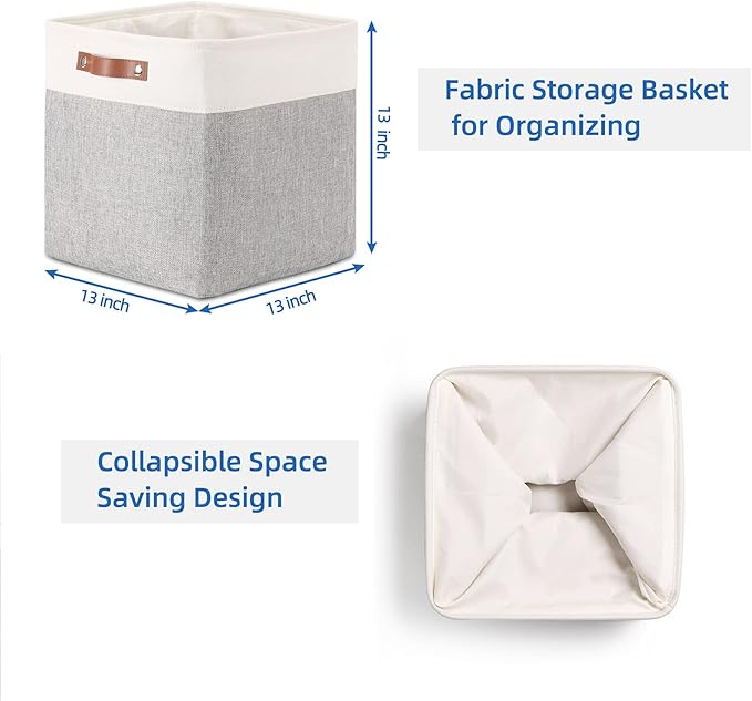 Temary 13 Inch Storage Cubes Baskets Fabric Storage Bins Cube Storage Baskets with PU Leather Handle Clothes Basket for Gift, Large Baskets for Storage Toys, Books, Blankets