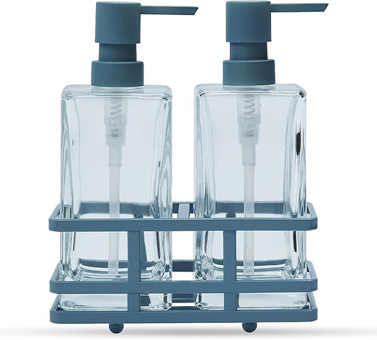 Square 3 Piece Glass Clear Lotion and Soap Pump Dispenser Set with Metal Stand Caddy for Bathroom Bath Kitchen Home Office Travel Hotel Hand Crafted Heavy Weight Spa Blue