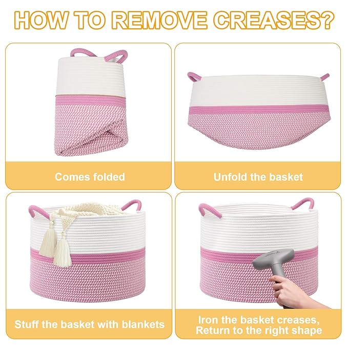 Pink Laundry Basket,20''x13''Woven Cotton Rope Laundry Hamper,Large Blanket Basket for Living Room,Baby Baskets,Kids Toy Storage Basket for Organizing,Woven basket,Clothes Hamper,Room Decor