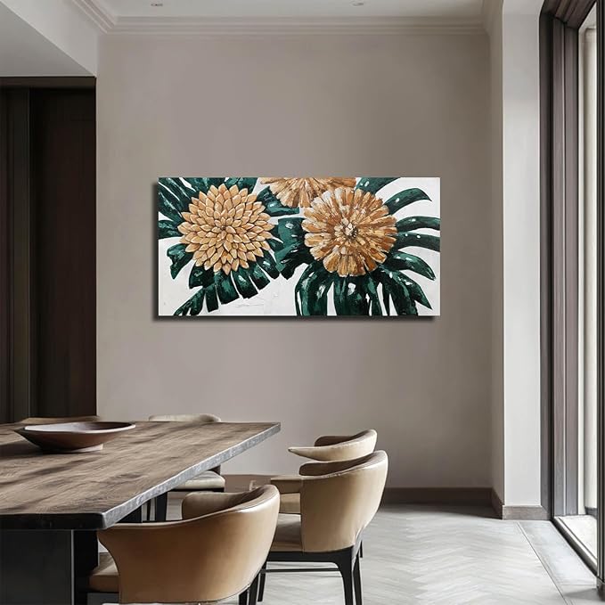 Botanical Canvas Art Gold Flowers Painting Dark Green Leaves Wall Art Photo Prints for Dining Room Office 24x48 Inch Rustic Home Decor