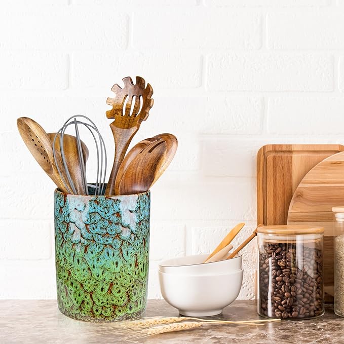 Utensil Holder, Ceramic Kitchen Utensil Holder for Countertop, Large Cooking Utensil Crocks for Kitchen Counter, Morden Utensil Organizer for Spatula, kitchen Decor, Blue & Green